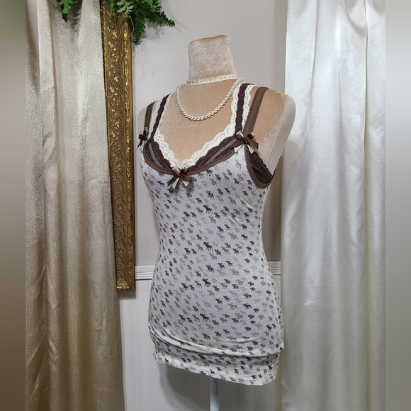 ♡ Y2K ♡ Abercrombie White & Brown Moose Print Lace Cami Tank Top - Picture 3 of 10